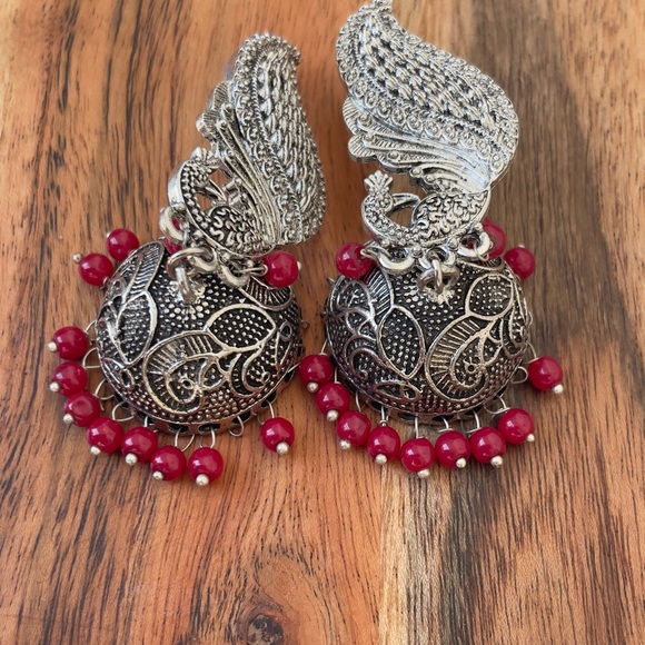 Brand new Oxidised jhumka with red beads - Picture 2 of 4